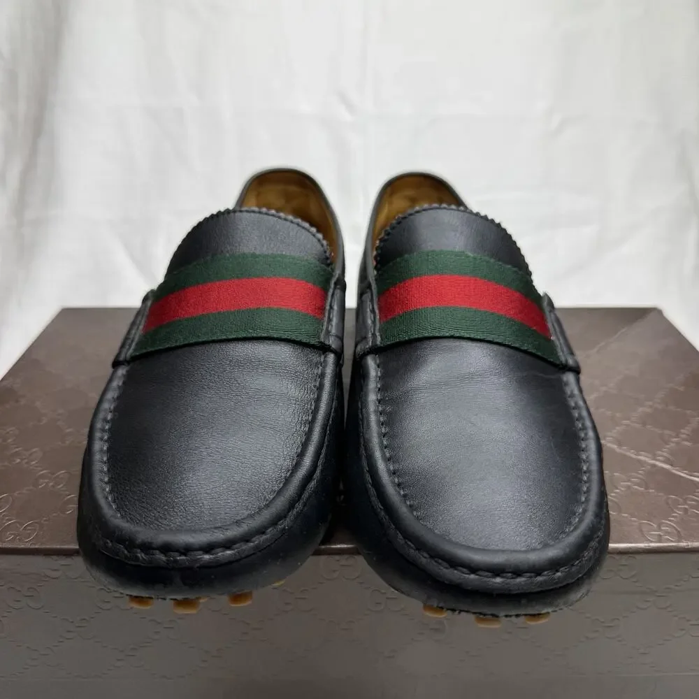 Men's GUCCI 'Miro' Web Black Leather Loafers Size US 8 - G GUCCI Driving